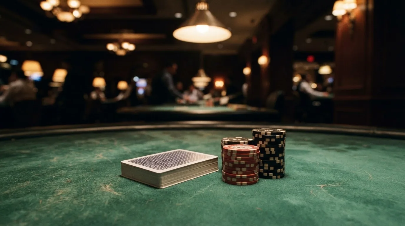 Pelikorttipakka ja pinoja pelimerkkejä viherhuopapöydällä himmeässä kasinosalissa lämpimän lampun valossa — casino ilmaiskierros