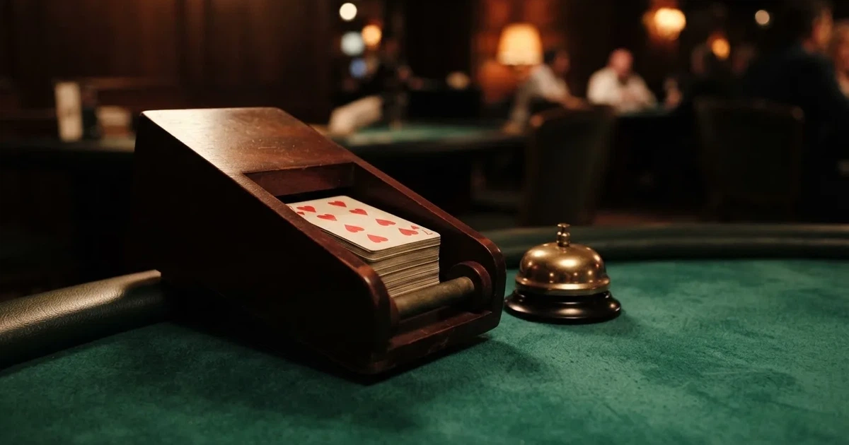 Vihreä huopa ja pitkä puinen korttikenkä pöydän reunalla, vieressä messinkikello — casino ventti