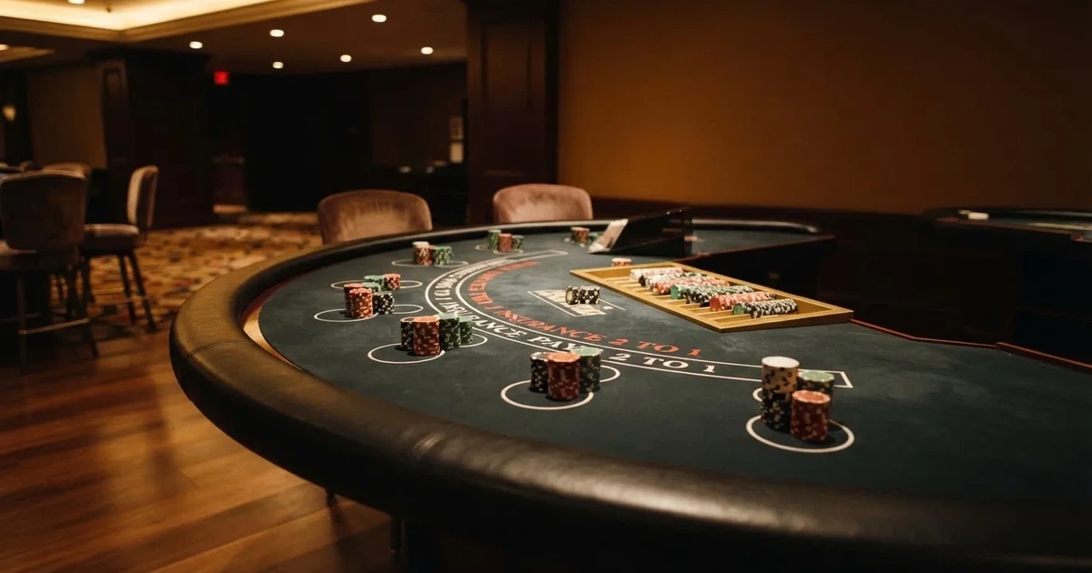 Puolikuun muotoinen korttipöytä hiljaisessa salissa, jokaisen paikan edessä pelimerkkipino ja yläpuolella pehmeä kattovalo — ilmainen netti blackjack kasinot