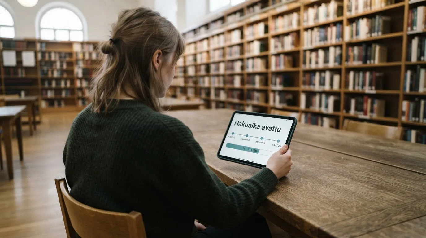 Nuori aikuinen istuu kirjaston pöydän ääressä tablet-laite kädessään hiljaisessa tilassa täynnä kirjahyllyjä.