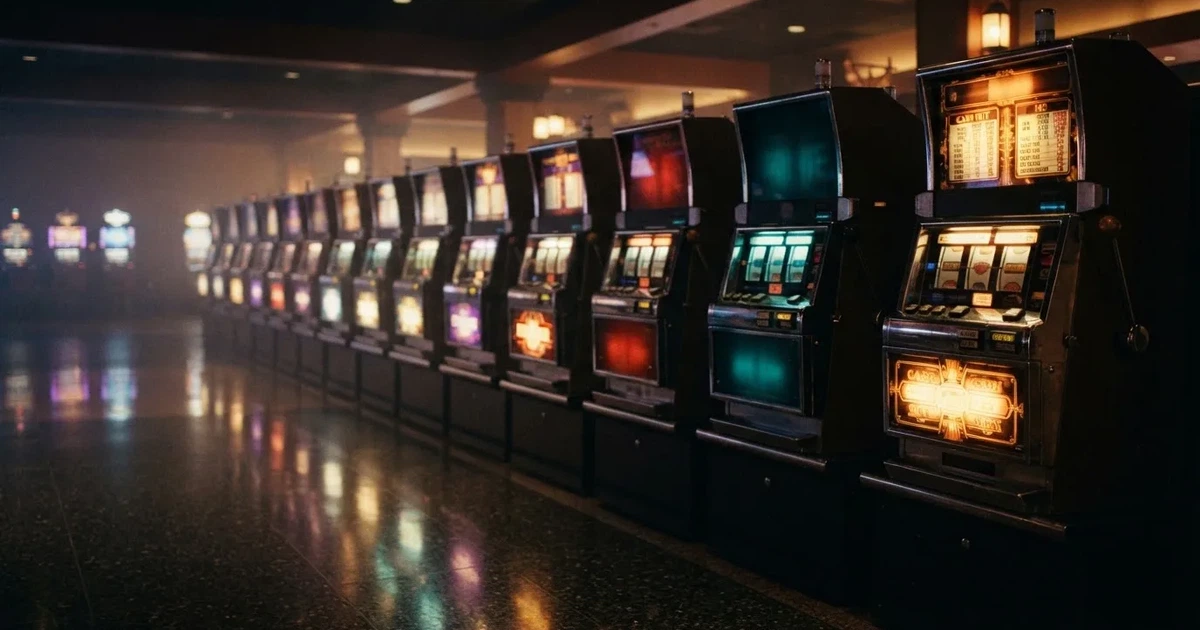 Pelikaappien rivi hämärässä hallissa, jokaisen rullat hohtavat eri väreillä ja lattia heijastaa — kolikkopelit casino pelit