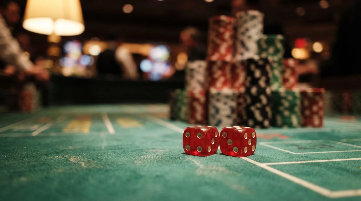 Punaiset nopat lepäävät vihreällä huovalla, taustalla sumeita pelimerkkitorneja iltahämärässä — kolikkopelit casino pelit