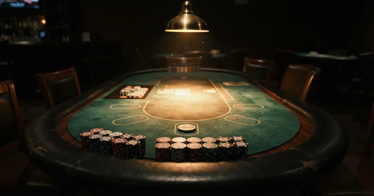 Soikea pokeripöytä matalan lampun alla, jakajanappi ja pelimerkkipinoja, ilmassa leijuu kultaista pölyä — kuinka pelata slotteja