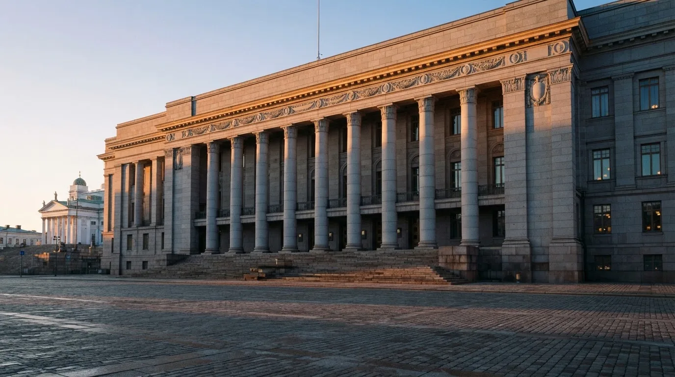 Kivinen valtionhallinnon julkisivu Helsingissä aamunkoitteessa, korkeat pylväät ja tyhjä aukio edessä — laadukkaimmat kasinot