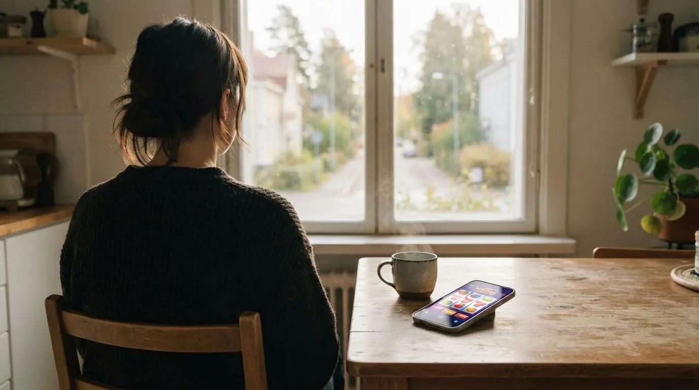 Henkilö istuu keittiön pöydän ääressä teekupin kanssa katsoen ulos ikkunasta rauhallisesti.