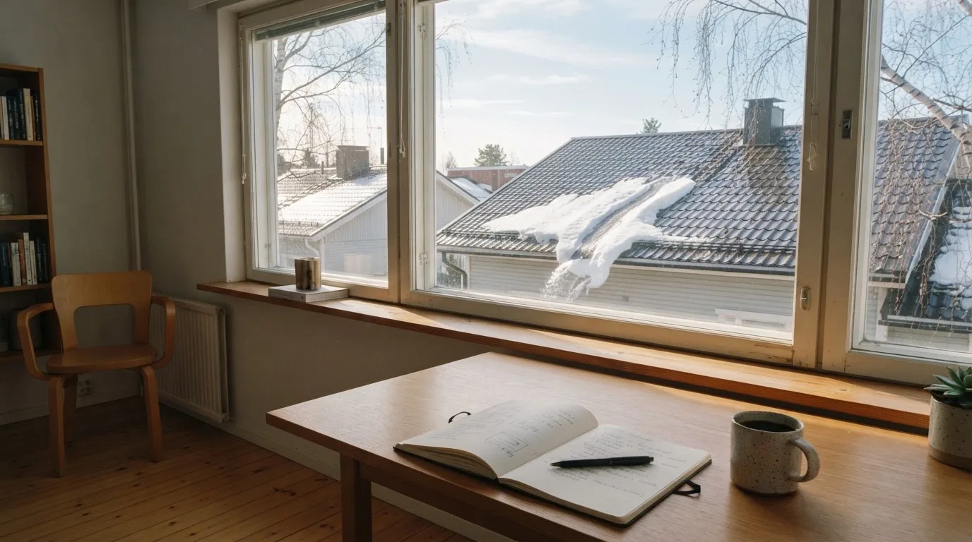 Toimistohuoneen ikkunasta näkyy maaliskuun aamu, lumi sulaa katolla auringonpaisteessa hiljaisella aamulla.