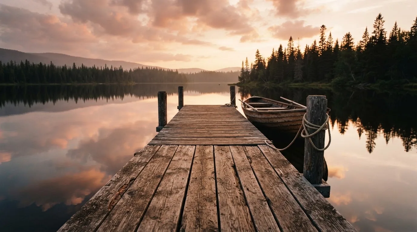 Laituri tyynellä järvellä auringonlaskussa, vanha soutuvene kiinnitettynä ja vedessä pilvien heijastus — luotettavat suomalaiset kasinot