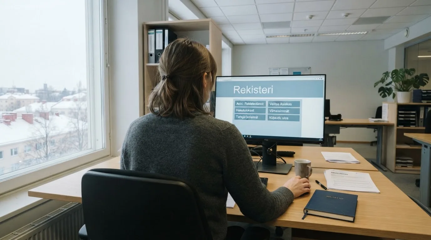 Virkailija istuu vaaleassa virastohuoneessa tietokoneen ääressä, ikkunasta näkyy talvinen kaupunkimaisema.