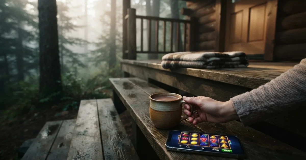 Kädet pitelevät lämmintä kaakaomukia metsämökin portailla, vieressä suljettu tabletti ja aamusumua — mobiilikasino puhelimessa