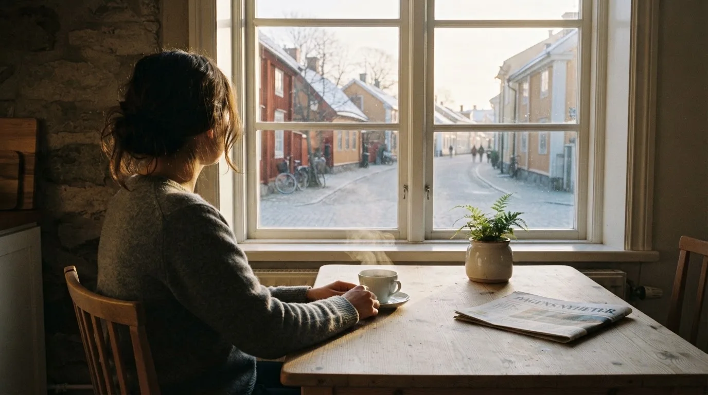 Henkilö istuu keittiön pöydän ääressä teekupin kanssa katsellen ulos ikkunasta aamulla.