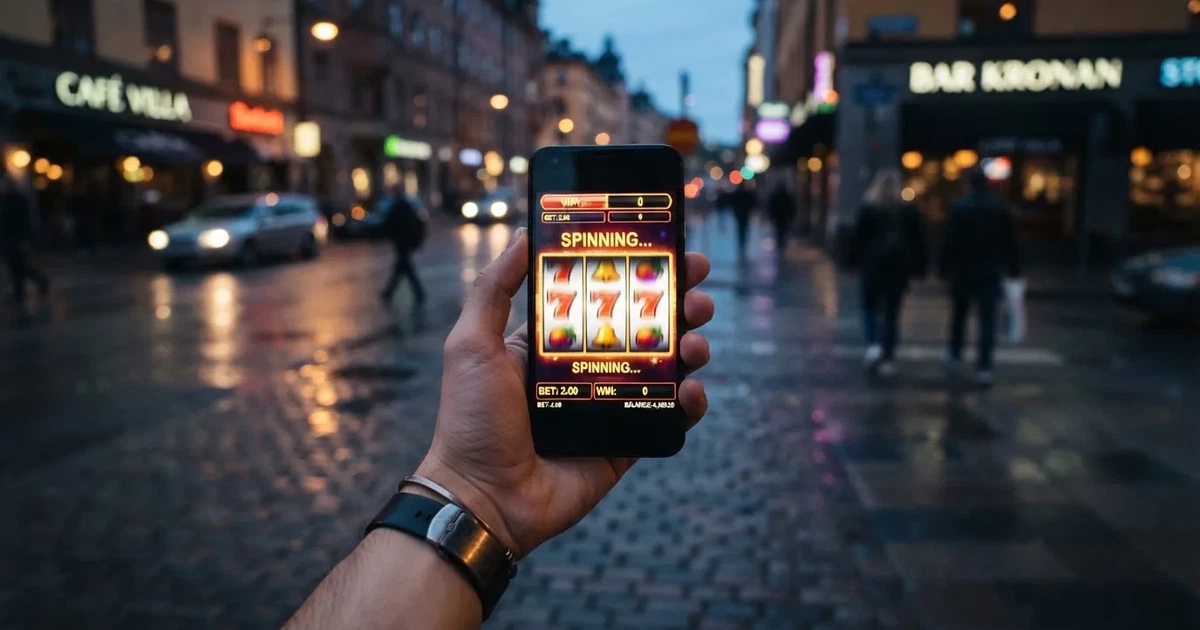 Käsi pitelee älypuhelinta ulkona iltavalossa, ruutu on sammunut ja taustalla näkyy kaupunkimaisema.