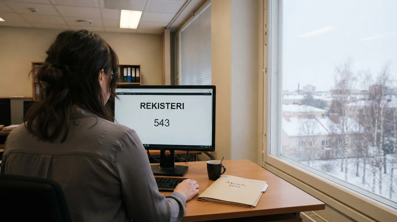 Virkailija istuu vaaleassa virastohuoneessa tietokoneen ääressä, ikkunasta näkyy talvinen kaupunkimaisema.