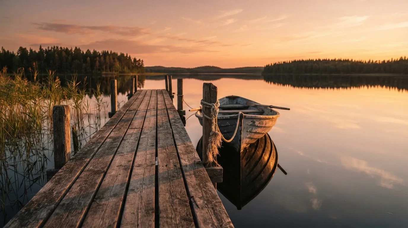 Laituri tyynellä järvellä auringonlaskussa, vanha soutuvene kiinnitettynä ja vedessä pilvien heijastus — parhaat nettirahapelit suomessa