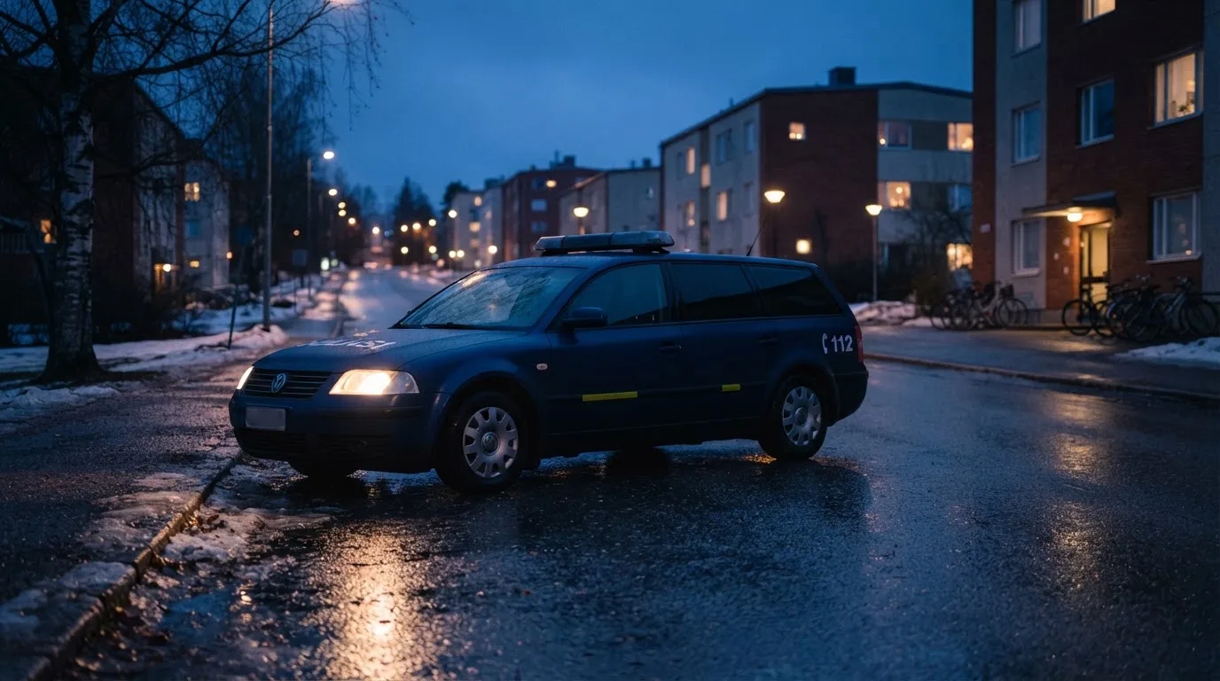 Poliisiauto pysäköitynä hiljaiselle kadulle iltahämärässä, valot heijastuvat kostealta katupinnalta autioksi jääneellä alueella.