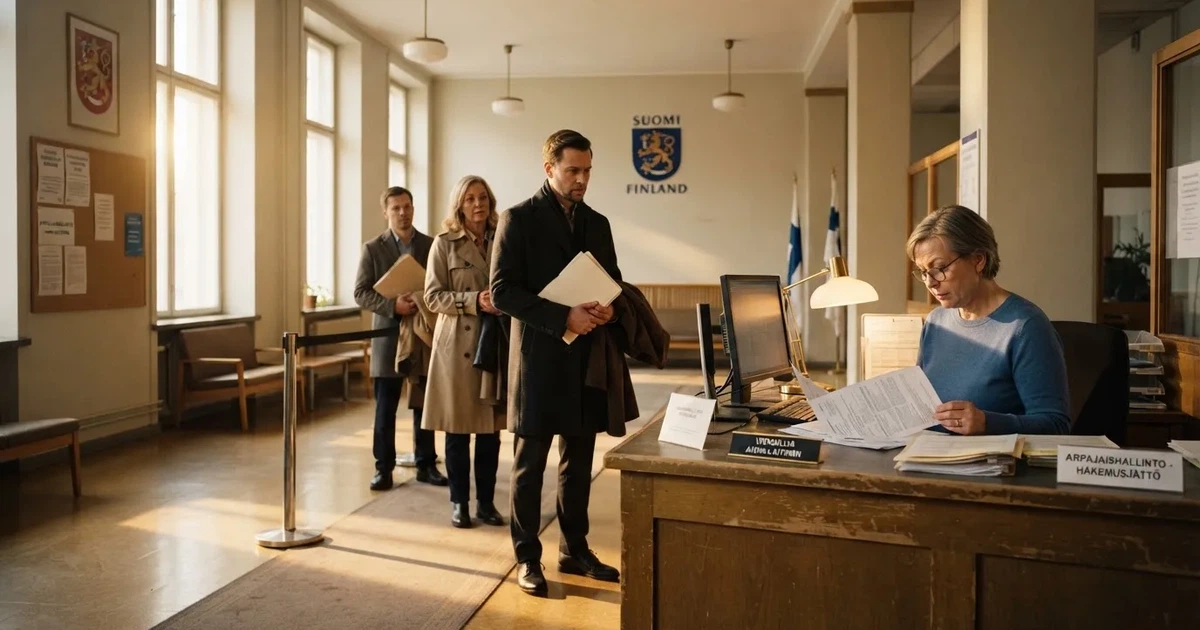 Virkailija istuu tiskin takana virastossa, jono ihmisiä odottaa vuoroaan aamuvalossa.