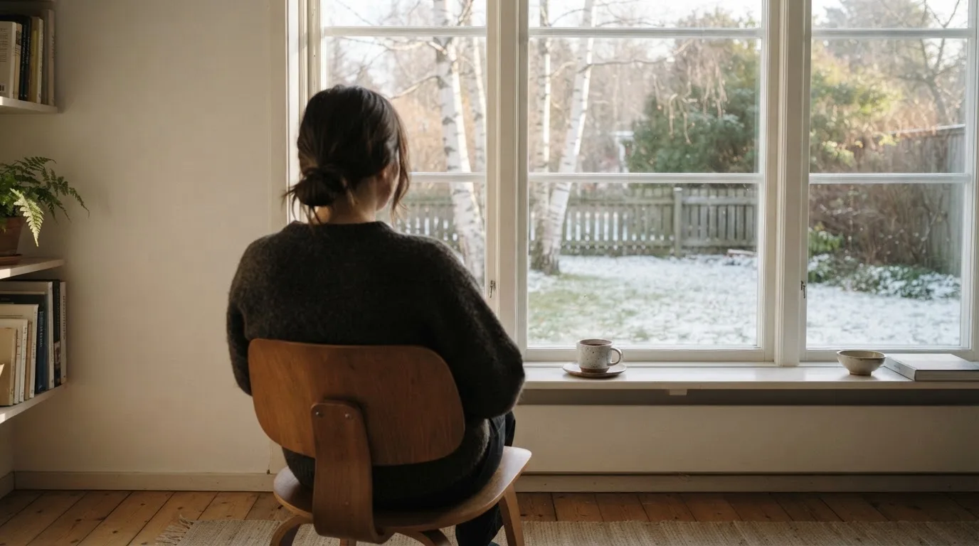 Henkilö istuu ikkunan ääressä teekupin kanssa, katse suunnattuna ulos hiljaiseen pihamaisemaan.