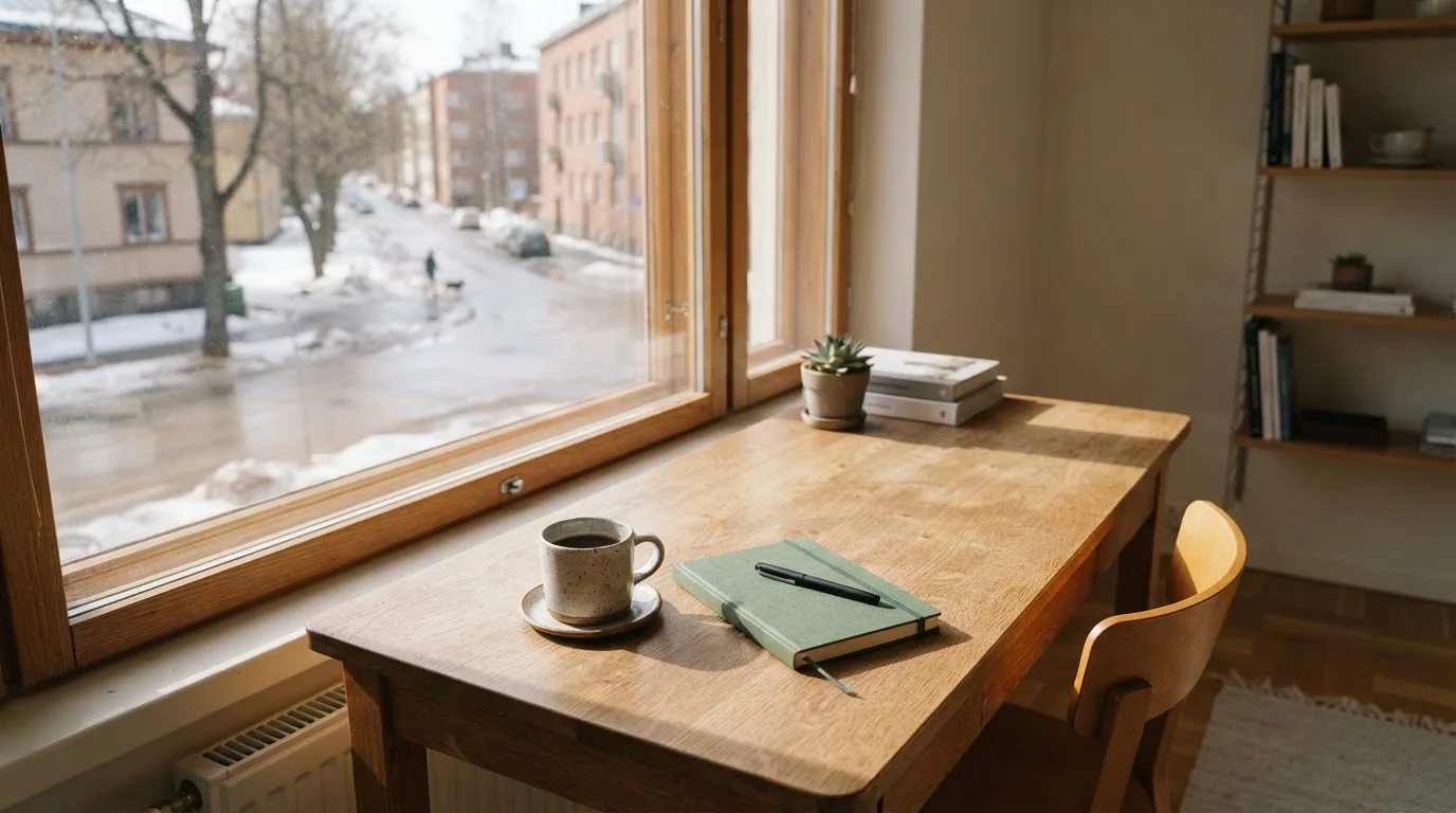 Toimistohuone kevätaamun valossa, kahvikupti pöydällä ja ikkunasta näkyy sulava lumi kadulla.