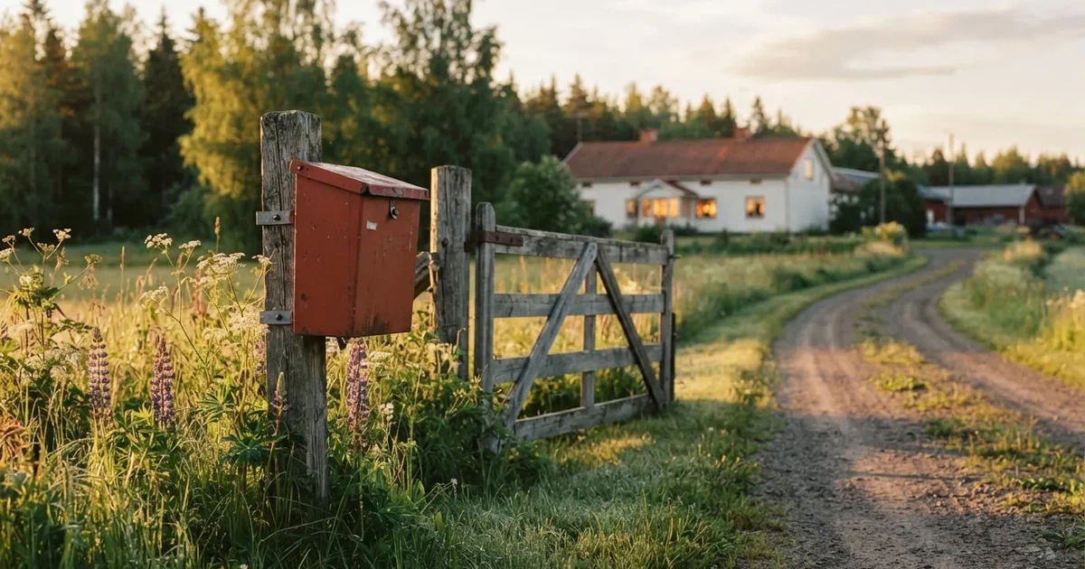 Punainen postilaatikko maalaistalon portilla kesäillassa, ruoho on kasteessa ja varjot pitkiä — parhaat zimpler kasinot