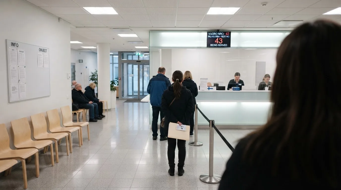 Virastorakennuksen aula, jossa asiakaspalvelutiski ja odottava jono ihmisiä hallinnollisen käsittelyn arjessa.
