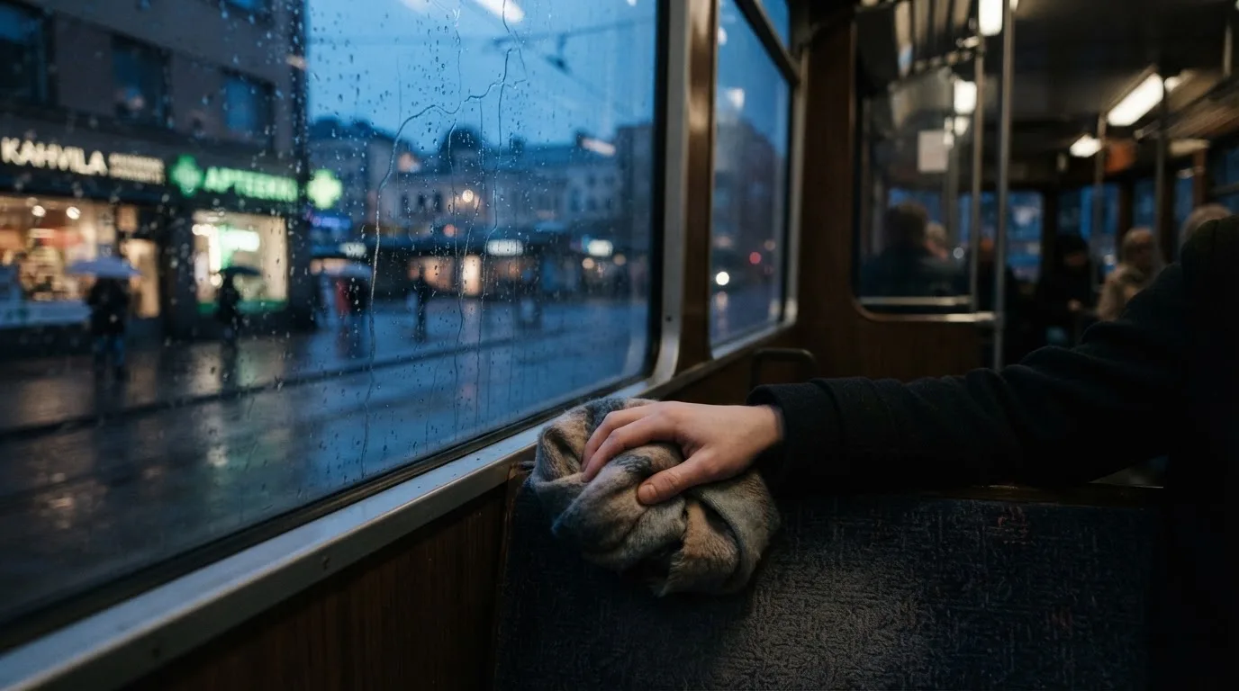 Sadepisaroita raitiovaunun ikkunassa, takana hämärtyvä katu ja kädessä pehmeä villahuivi — suomalaiset rahapelit netissä