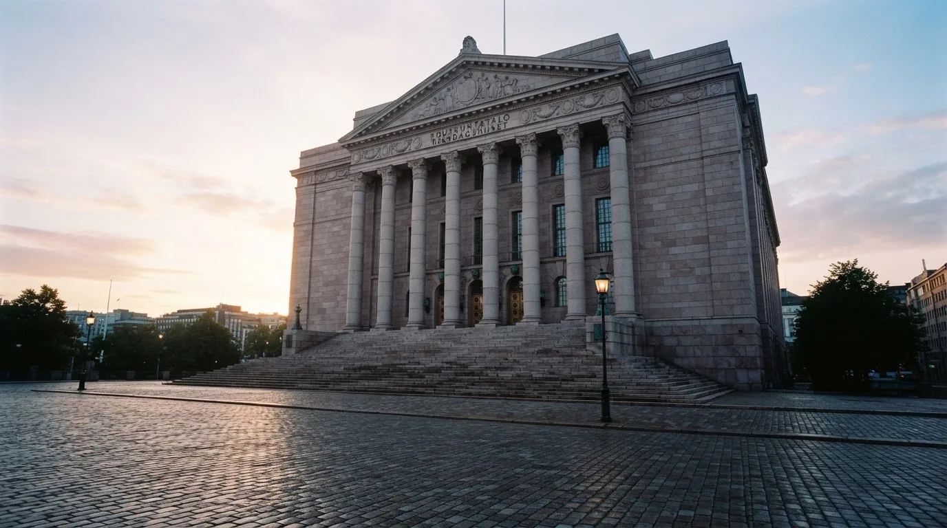 Kivinen valtionhallinnon julkisivu Helsingissä aamunkoitteessa, korkeat pylväät ja tyhjä aukio edessä — suomalaiset slotit