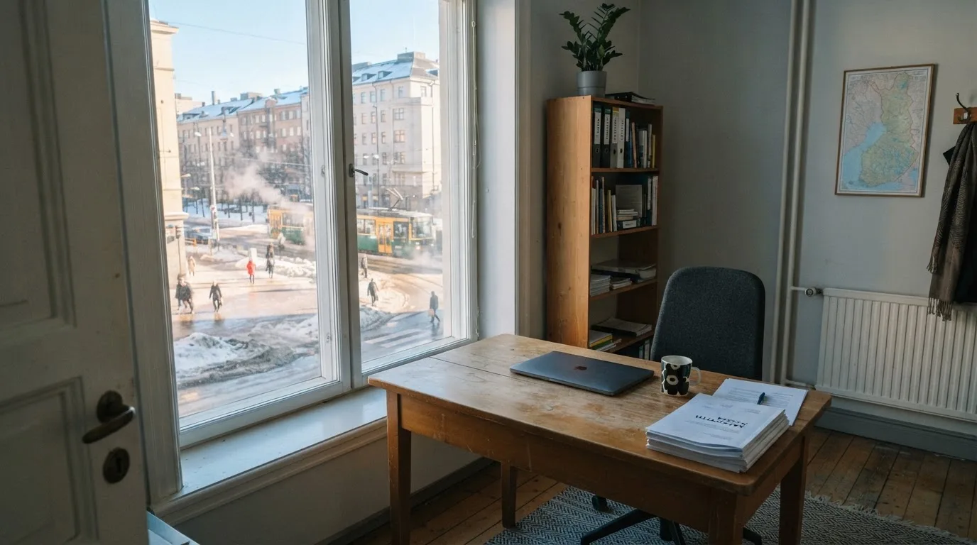 Toimistohuoneen ikkunasta näkyy maaliskuun aamu, lumi sulaa hiljaa kadulla auringon lämmittäessä.