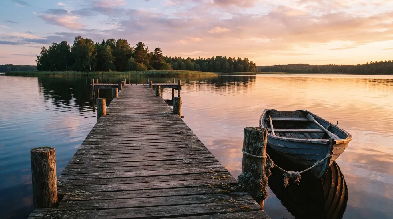 Laituri tyynellä järvellä auringonlaskussa, vanha soutuvene kiinnitettynä ja vedessä pilvien heijastus — turvallisimmat oikean rahan nettikasinot