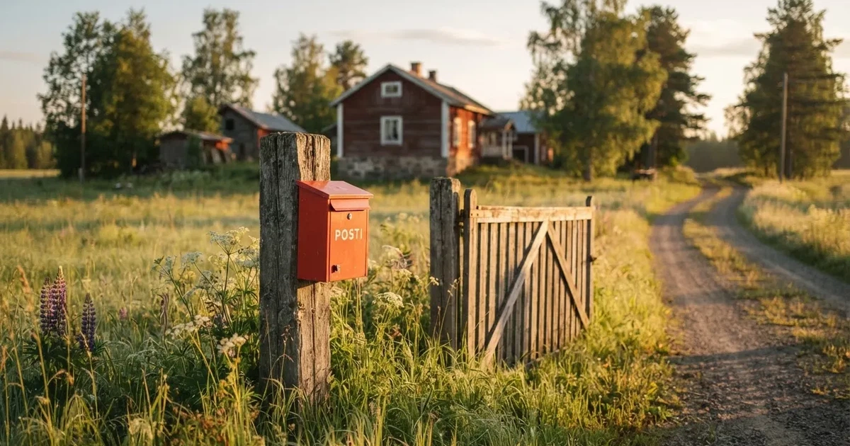 Punainen postilaatikko maalaistalon portilla kesäillassa, ruoho on kasteessa ja varjot pitkiä — uusimmat pikakasinot ilman rekisteröitymistä