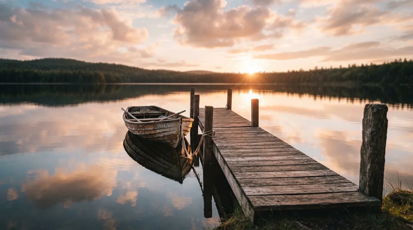Laituri tyynellä järvellä auringonlaskussa, vanha soutuvene kiinnitettynä ja vedessä pilvien heijastus — varma voitto kasino